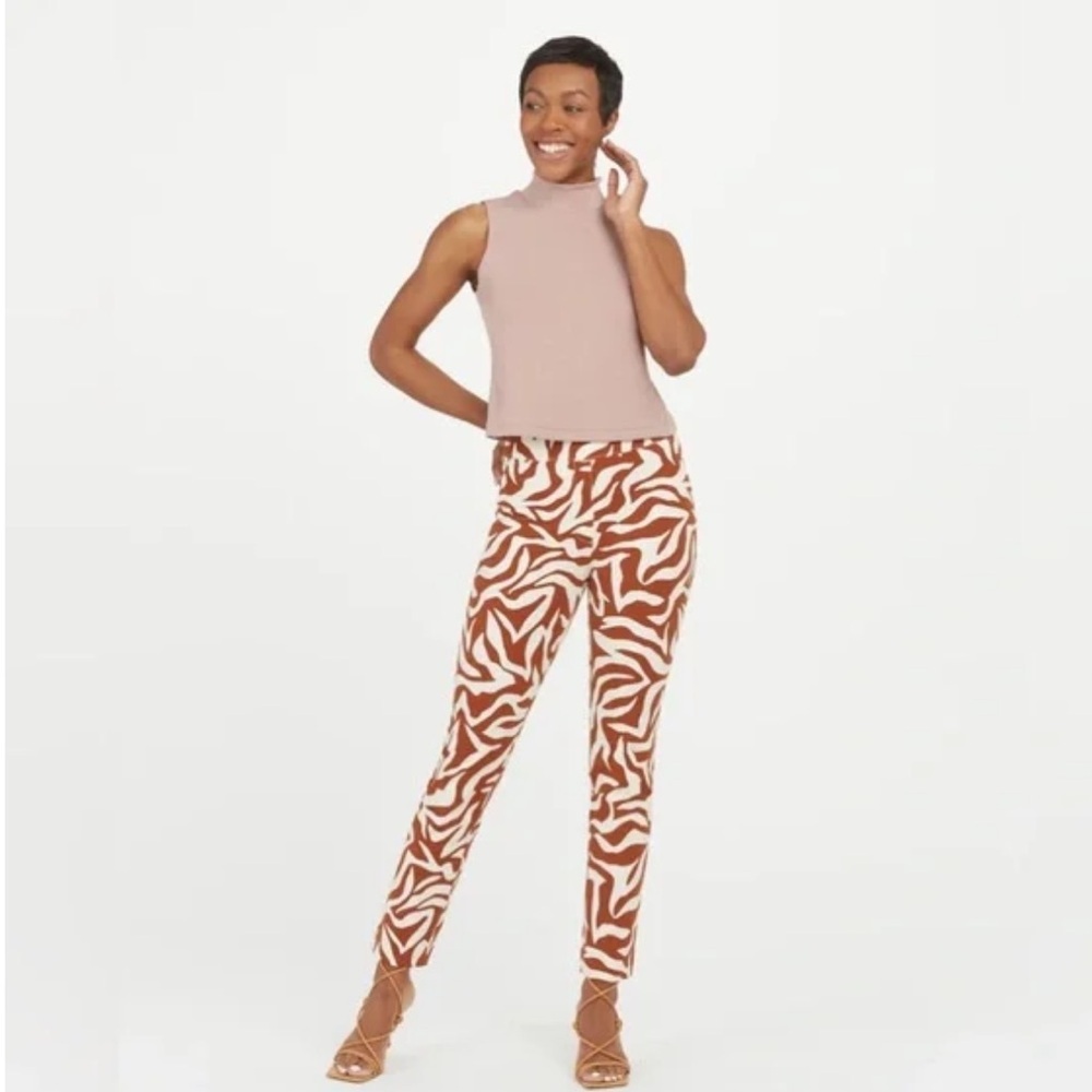 SPANX On-the-Go Printed Ankle Slim Straight Pant Sz Small Brown Zebra Stripe